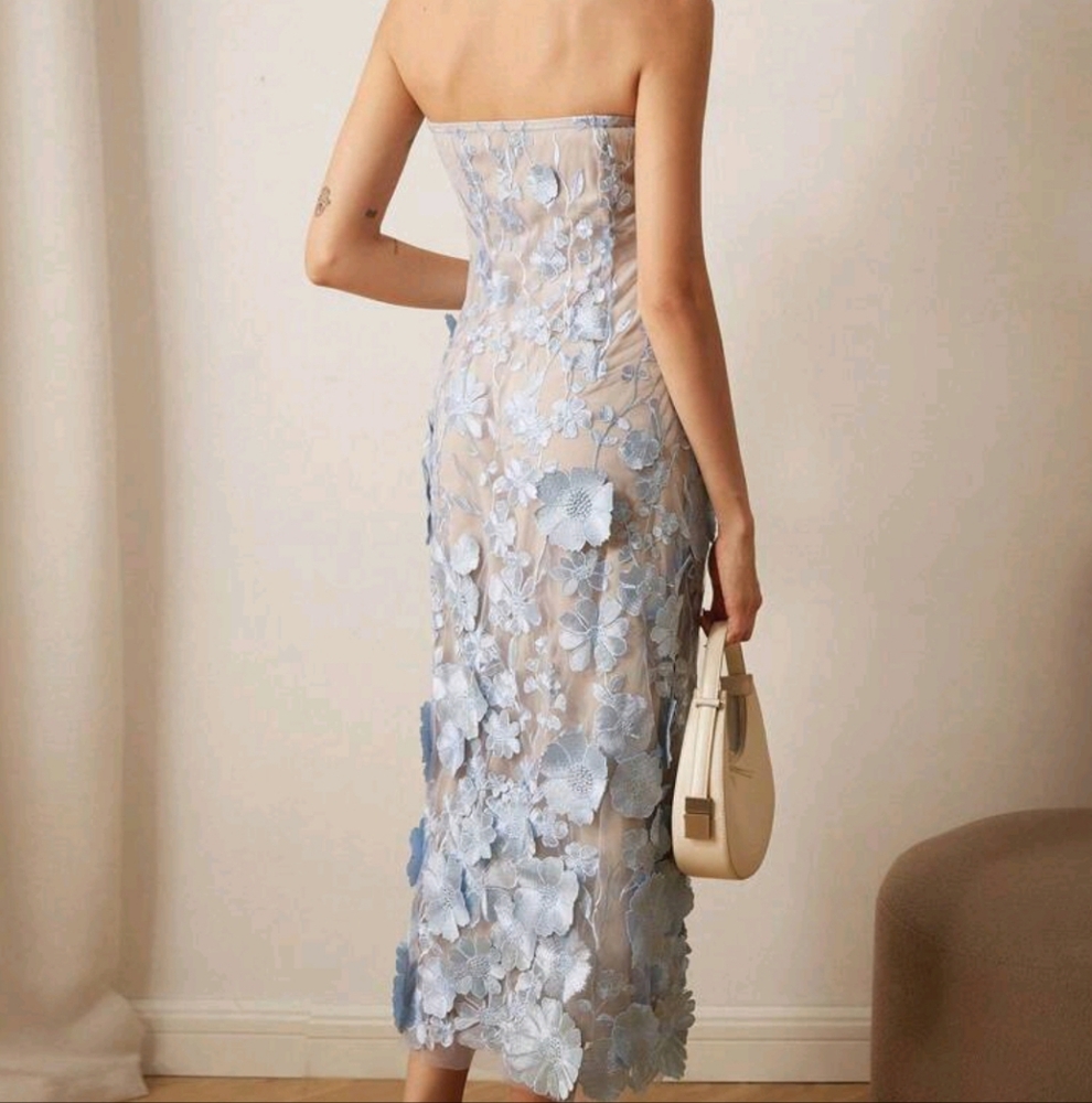 Women's Embroidered 3D Floral Bandeau Midi Dress, For Party - Picture 3 of 4